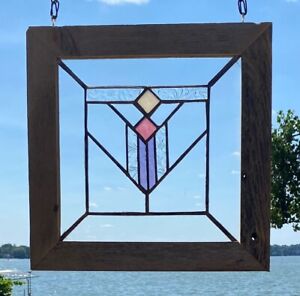 Mission Style Framed Stained Glass Window Pink Tan Textured Clear