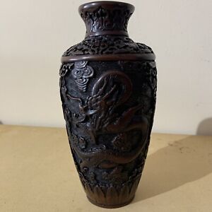 Vintage Chinese Double Dragon Carved Lacquer Cinnabar Vase Resin 9 Tall