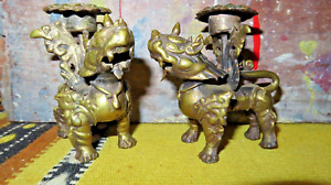 Vintage Tibetan Foo Dog Temple Lion Kylin Brass Candle Holders
