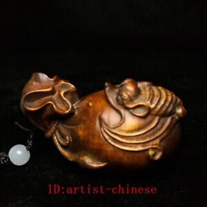 2 3 Inch Old China Boxwood Hand Carved Money Bag Bat Figure Statue Netsuke Gift