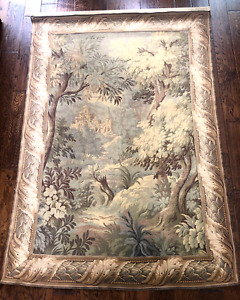 Vintage French Verdure Aubusson Wool Tapestry Floral Landscape Wall Hanging Art