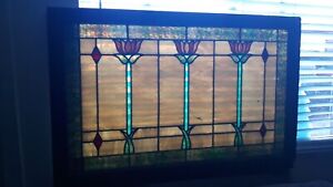 Large Antique Leaded And Beveled Tulip Stained Glass Window