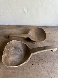 Two Antique Wooden Butter Paddle Scoops Hook Ends Patina Woodenware 