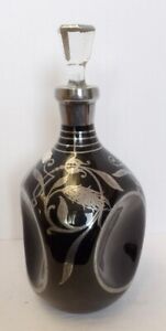 Antique Sterling Silver Overlay Black Onyx Glass Pinch Bottle Decanter