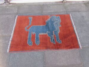 Vintage Traditional Hand Made Oriental Gabbe Wool Red Rug 122x83cm Animal Lion