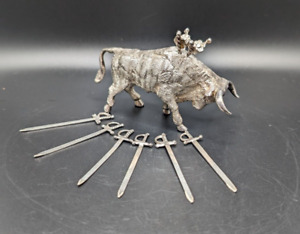 Vtg Sterling Silver 925 Figural Bull Toothpick Holder Fighting Bull 6 Swords