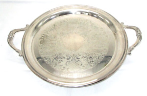 Vintage Stunning Silver Plated 15 1 2 Round W Handles Serving Tray Platter