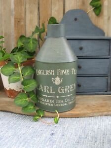 Primitive Early Antique Pantry Tin Blue Green Milk Paint Earl Gray Tea Stencil