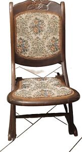 Antique Folding Victorian Style Wooden Rocking Chair Floral Tapestry 31 Tall