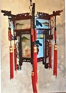 Rare Vtg 1960s Wood Hand Painted Glass Chinese Palace Lantern 12 Original Box