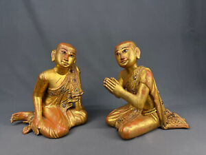 Gilded Pair Of 19th Century Burmese Wooden Seated Disciples Buddha Monks