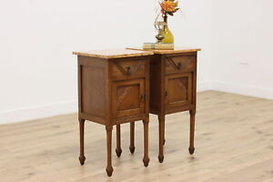 Pair Of French Design Vintage Carved Oak Nightstands Marble 47219