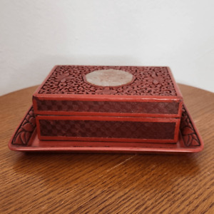 Antique Red Cinnabar Box And Tray With Carved Jade Medallion