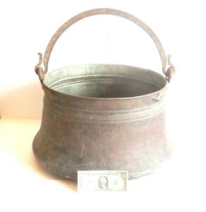  Xxl Early Antique Hand Hammered Copper Cauldron Kettle Pot Wrought Iron Handle