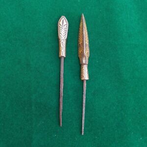 Rare Indian Mughal Islamic Steel Gold Damascened Arrowhead Archery 2pcs