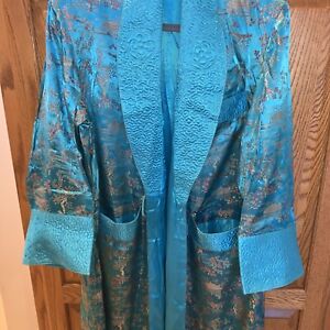 Vtg Teal Colored Silk Asian Chinese Embroidered Dress Coat Robe