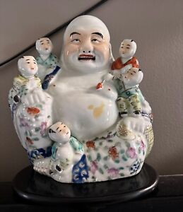 Chinese Famille Rose Porcelain Sitting Buddha Boys Hand Painted Authentic
