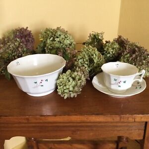 Antique Soft Paste Porcelain Sprig Ware Tea Cup Saucer Slop Bowl Handpainted