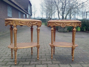 Pair Of Vintage Louis Xvi Style Side Tables Gold Beech With Pink Marble Tops