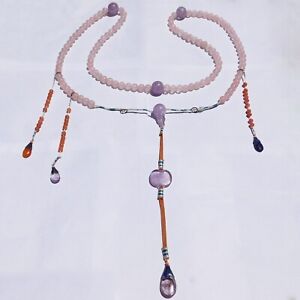 Antique Qing Chinese Imperial Court Necklace Silver Amethyst Coral Cloisonne