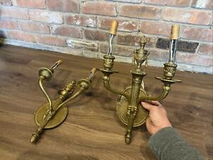 Pair Vintage Brass Spanish Flaming Torch Double Electric Wall Scones Lights