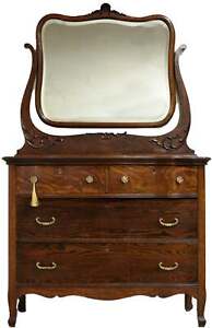 Antique Farmhouse Oak 4 Drawer Dresser Or Sideboard With Mirror