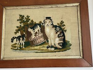 Rare Antique Victorian Framed Needlepoint Tapestry Petit Point Cats