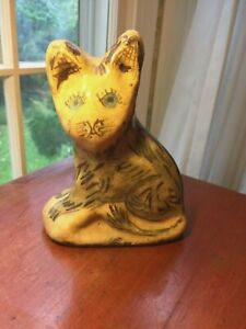 Antique Middle Eastern Islamic Hand Painted Cat Figurine Glazed Ceramic Pottery
