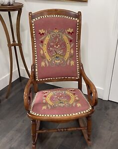Antique Scroll Arm Carved Rocking Chair Needlepoint Tapestry Victorian