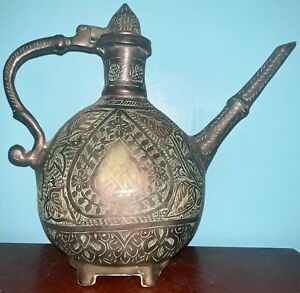 Vintage Heavy Ewer Bronze Brass Mughal India Indian Pitcher Vessel Footed Ornate