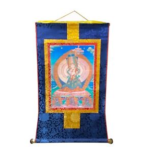 Tibetan Print Fabric Trim Guardian Buddha Deity Art Wall Scroll Thangka Ws2206
