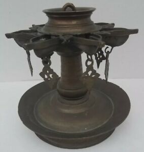 Antique Bronze 7 Font Thookkuvilakku Oil Lamp Pierced Symbolic Charms Drip Pan