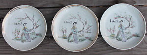 Set Of 3 Old Antique Chinese Painted Lady Porcelain Plate Marked