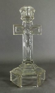  Antique 1880 1914 Eapg Crucifix Candleholder Clear Glass Stepped Hexagon Base