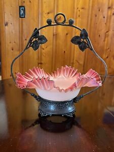 Antique Victorian Brides Basket W Silver Plated Stand Cranberry Ruffles To Pink