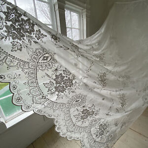 Antique Tambour Lace Sheer Curtain Panel 1800s White Lacework Cotton Large Scal