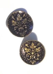 Antique Victorian Button Pair Black Enamel And Embossed Brass