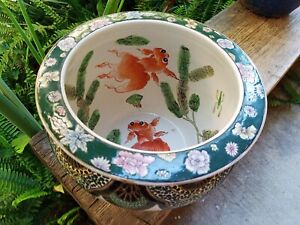 Antique Chinese Design Koi Fish Bowl Hand Painted