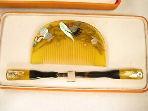 Antique Japanese Taisho Era C 1920 Kushi Comb Set Gold Makie Mother Of Pearl