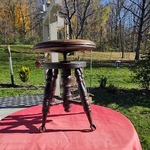 Vintage Adjustable Piano Stool With Cast Iron Clawfoot Glass Feet Meridian Ct 