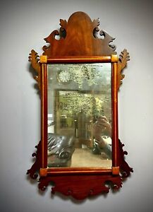 18th 19th C Chippendale Inlaid Wood Mercury Glass Mahogany Mirror