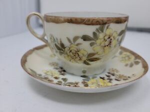 Antique Kutani Hand Painted Yellow Green Brown Floral Gold Tea Cup Saucer