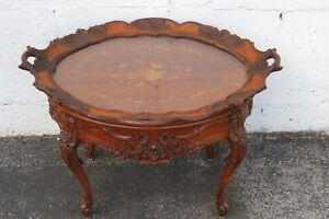 French Heavy Hand Carved Inlay Coffee Table With Glass Tray 5393