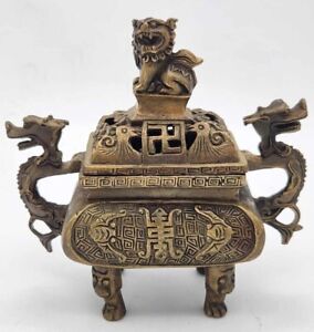 Chinese Bronze Incense Burner Late 20th Century Signed With Seal Dragon Handles