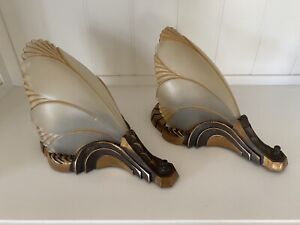 Antique Art Deco Chandelier Wall Sconce Glass Slip Shade Bat Wing Bronze Pair