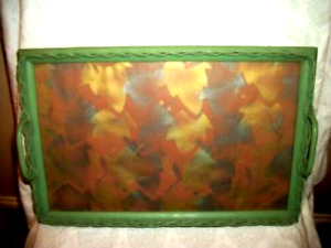 Art Deco Antique Wicker Glass Tray Cottage Green Hp Fabric 1920s Wedding Gift