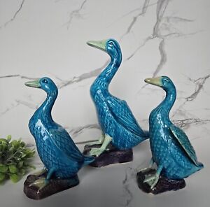 Set Of 3 Antique 19th Century Chinese Turquoise Porcelain Glazed Ducks Geese