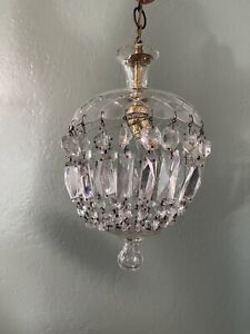 Vintage Antique Crystal Small Chandelier With Cut Glass Canopy Swag Lamp