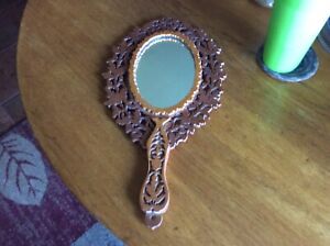 Vintage Hand Made Wood Hand Mirror Jig Saw Carved
