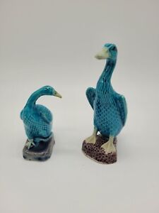 Pair Of Vintage Antique Chinese Porcelain Turquoise Blue Duck Or Goose Figurines